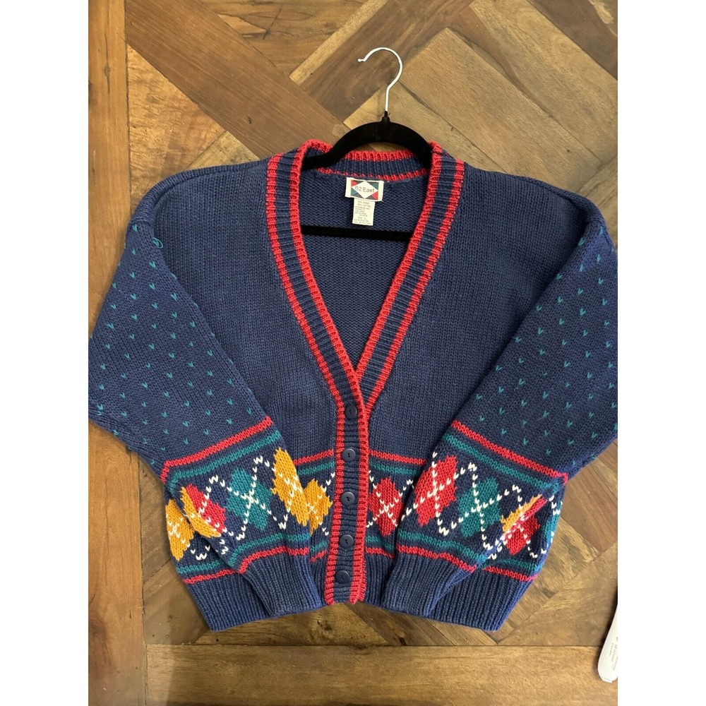 Vintage 62 East Women Cardigan Sweater Size L Blue Preppy Red Accent‎